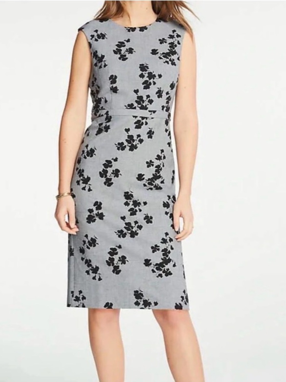 Ann Taylor Grey Black Floral Cap Sleeve Sheath Dress 10 Wedding Guest Cocktail